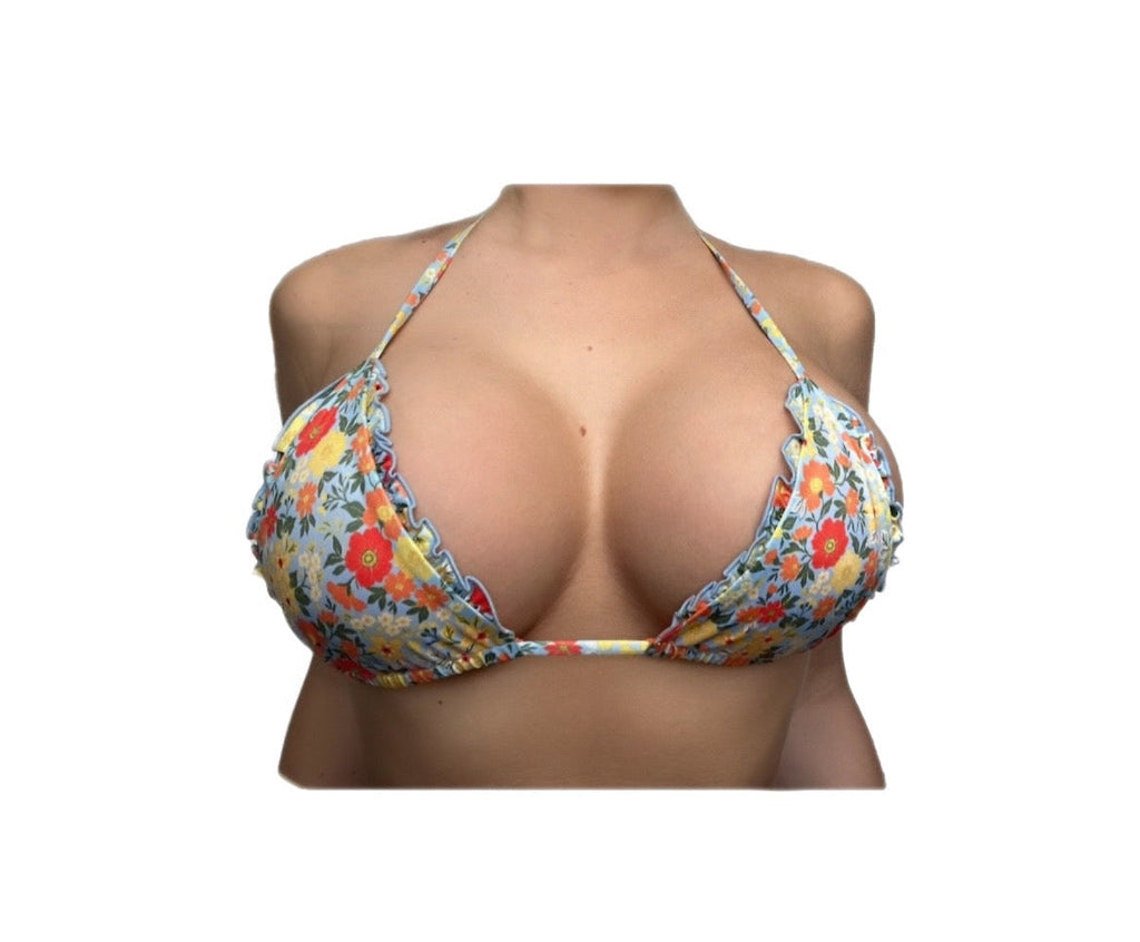 Floral ruffled triangle recycled sustainable adjustable string bikini top