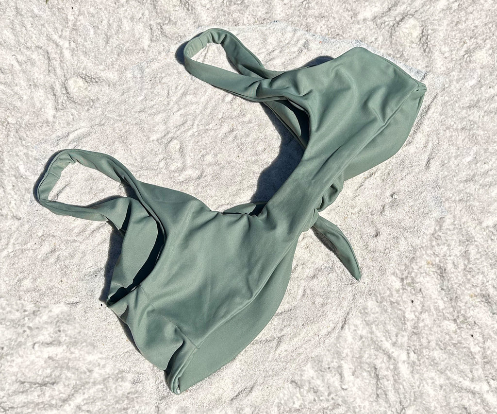 Green recycled sustainable front tie knot bikini top plunge v neck