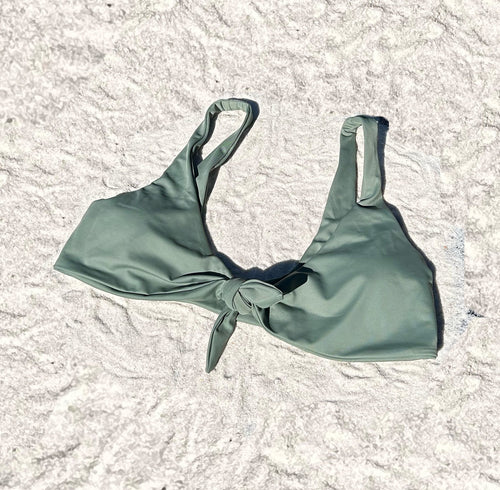 Green recycled sustainable front tie knot bikini top plunge v neck