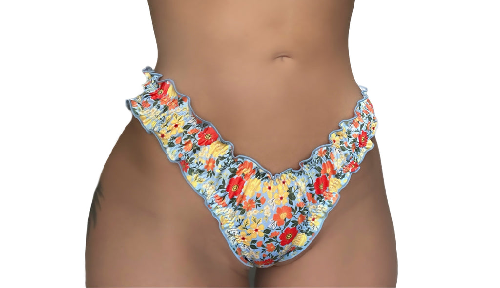 Floral ruffled recycled sustainable bikini bottom lettuce hem thong v waist high cut