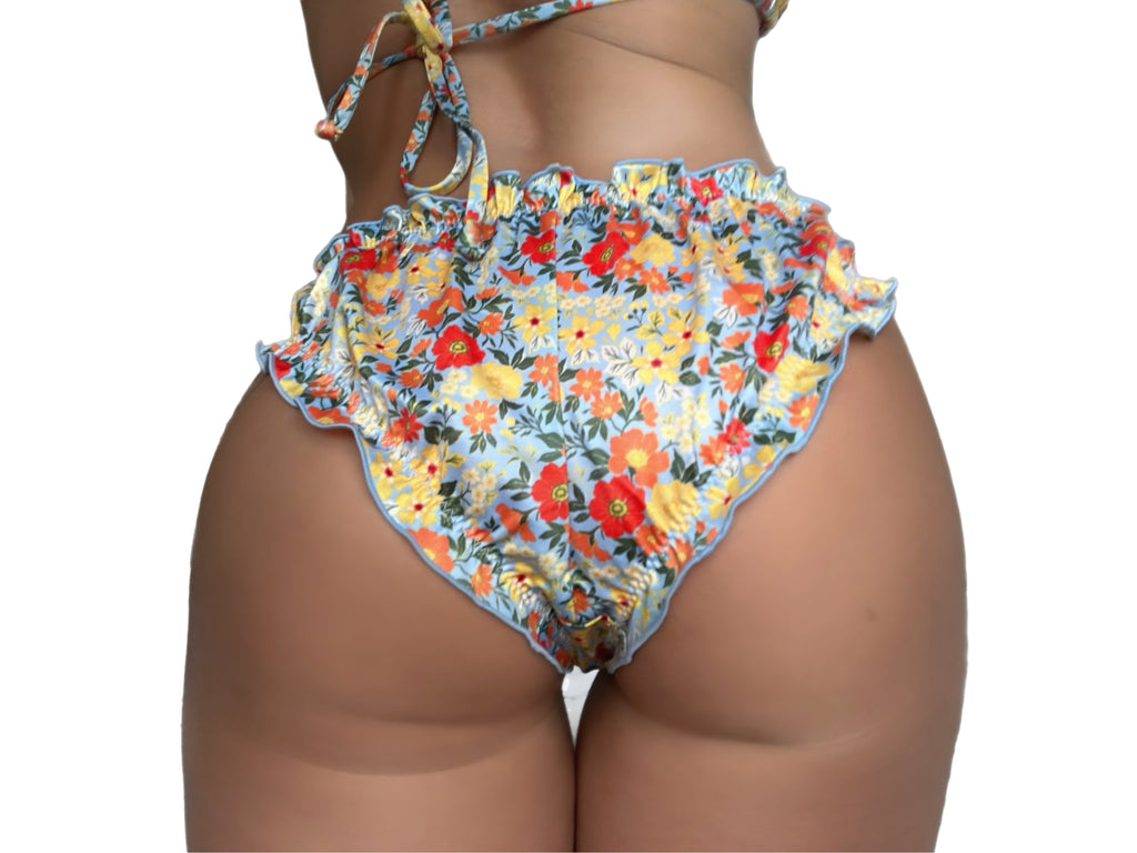 Floral ruffled recycled sustainable bikini bottom lettuce hem full coverage v waist high cut