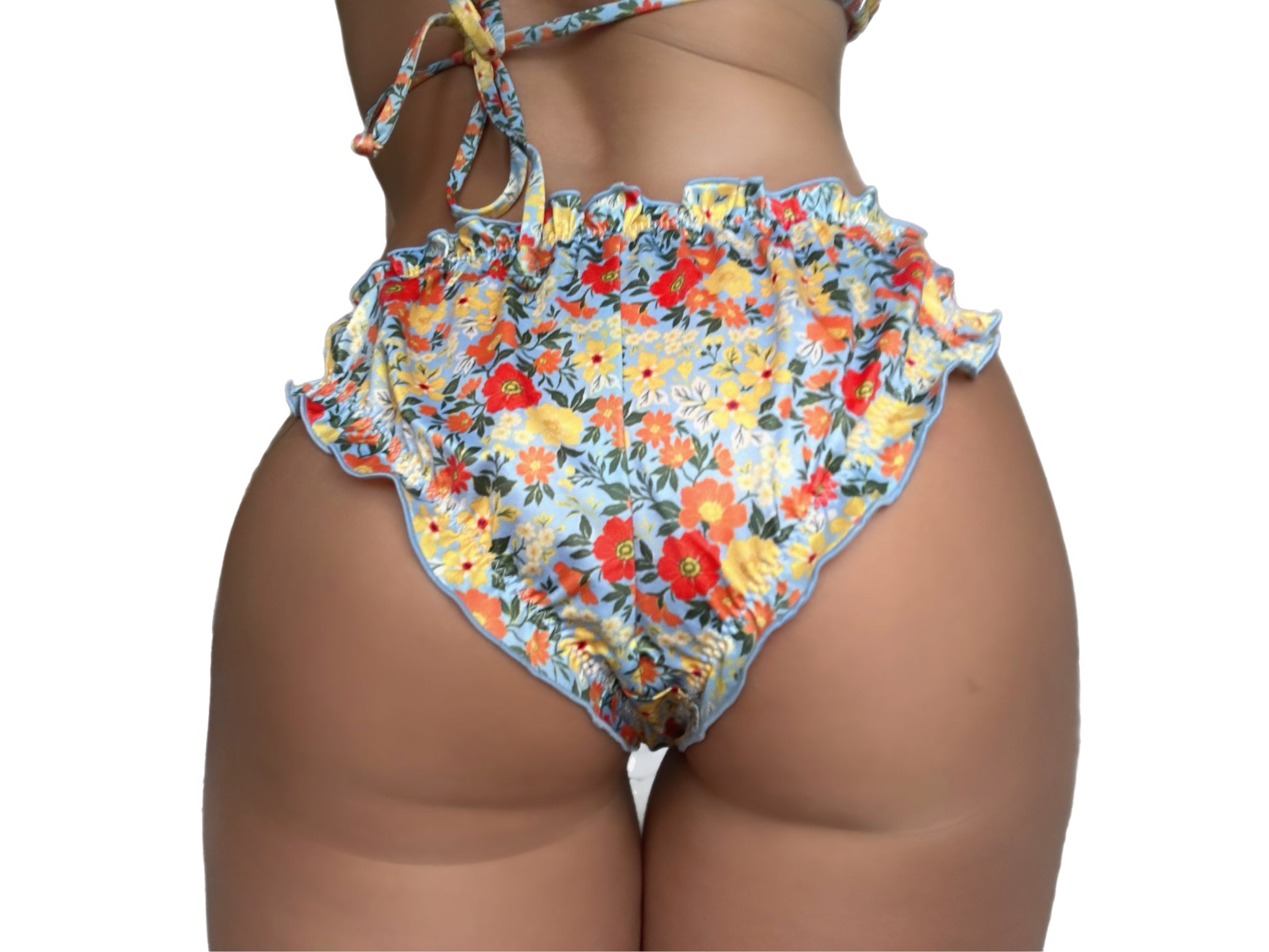 Floral ruffled recycled sustainable bikini bottom lettuce hem full coverage v waist high cut