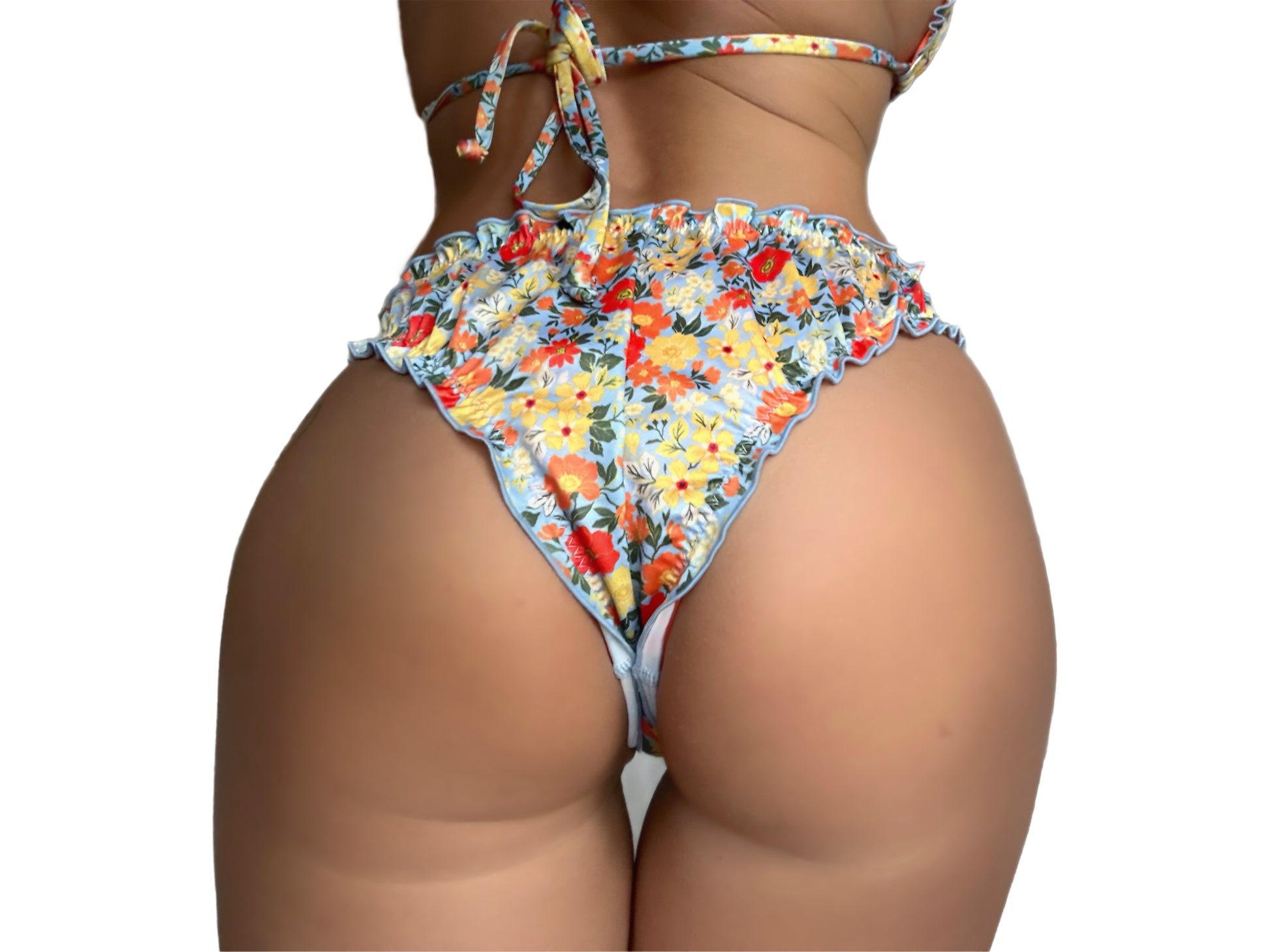 Floral ruffled recycled sustainable bikini bottom lettuce hem moderate medium coverage v waist high cut