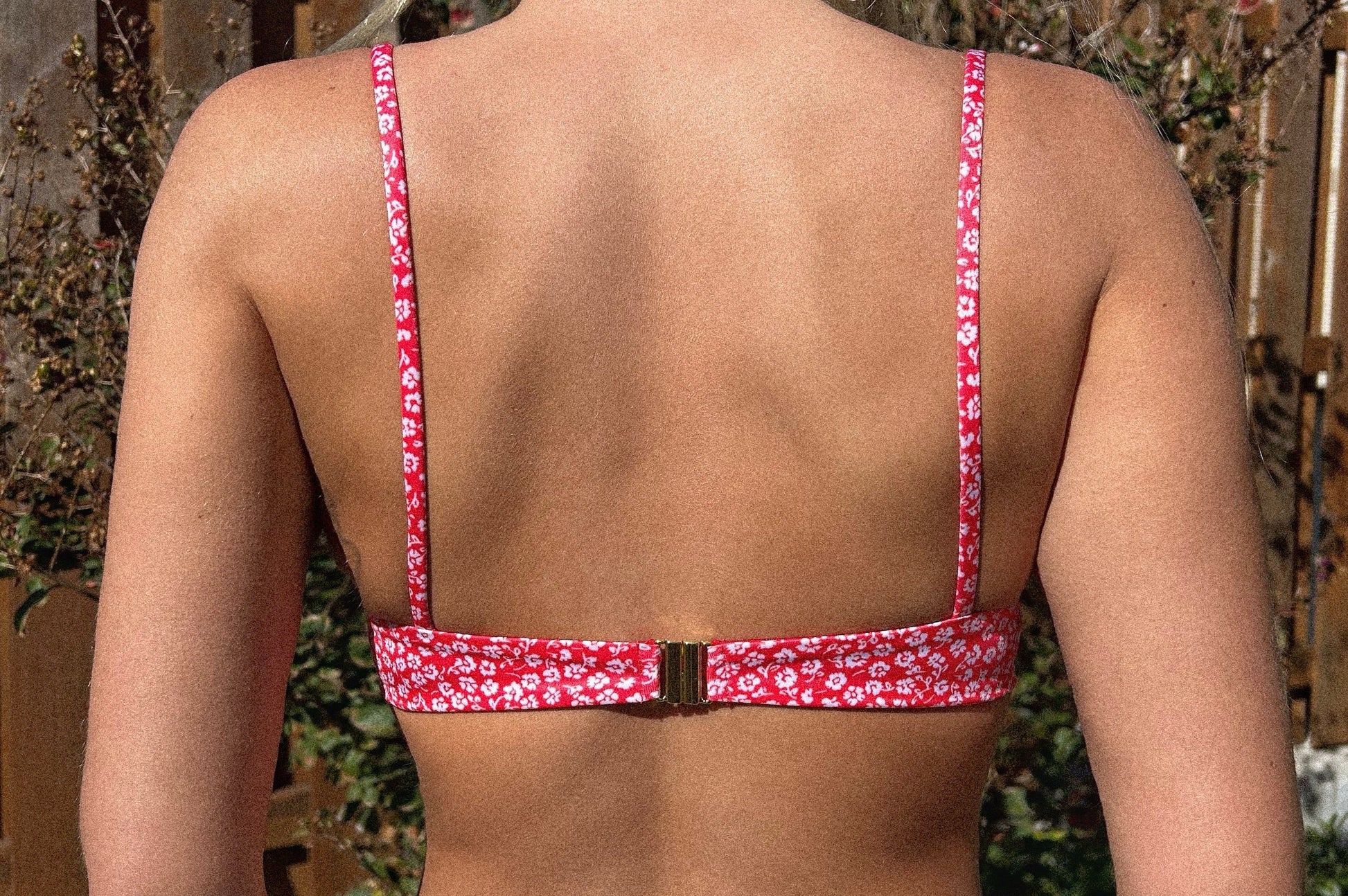 Red floral underwire half cup bra bikini top adjustable front string tie gold clasp