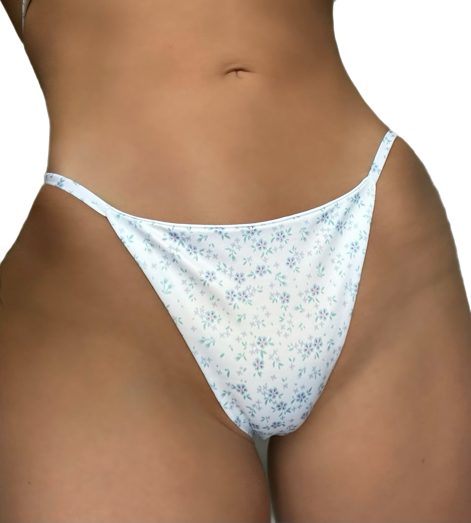 White floral ruched string recycled sustainable bikini cheeky moderate coverage bottom mid rise high 