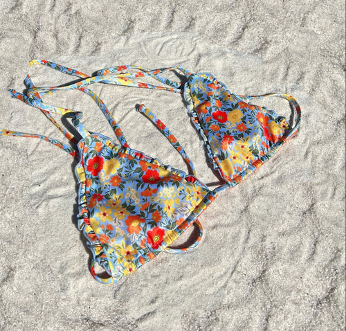 Floral ruffled triangle lettuce hem recycled sustainable adjustable string bikini top