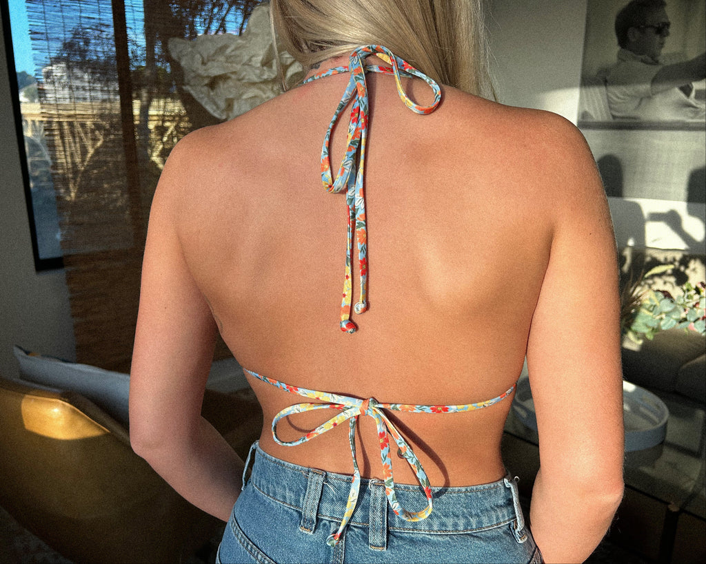 Floral ruffled triangle recycled sustainable adjustable string bikini top