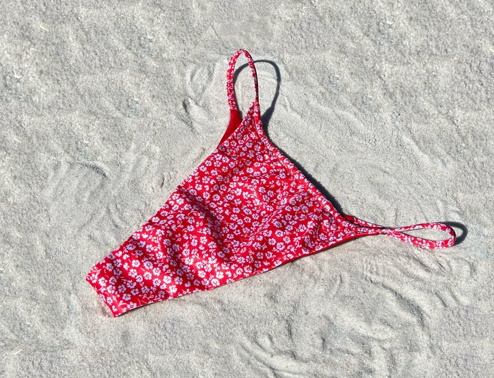 Red floral recycled sustainable string bikini thong bottom mid rise high cut