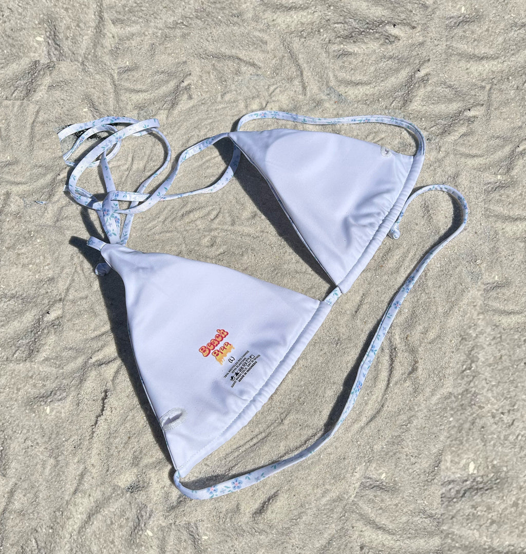 White floral peonies triangle recycled sustainable adjustable string bikini top removable padding