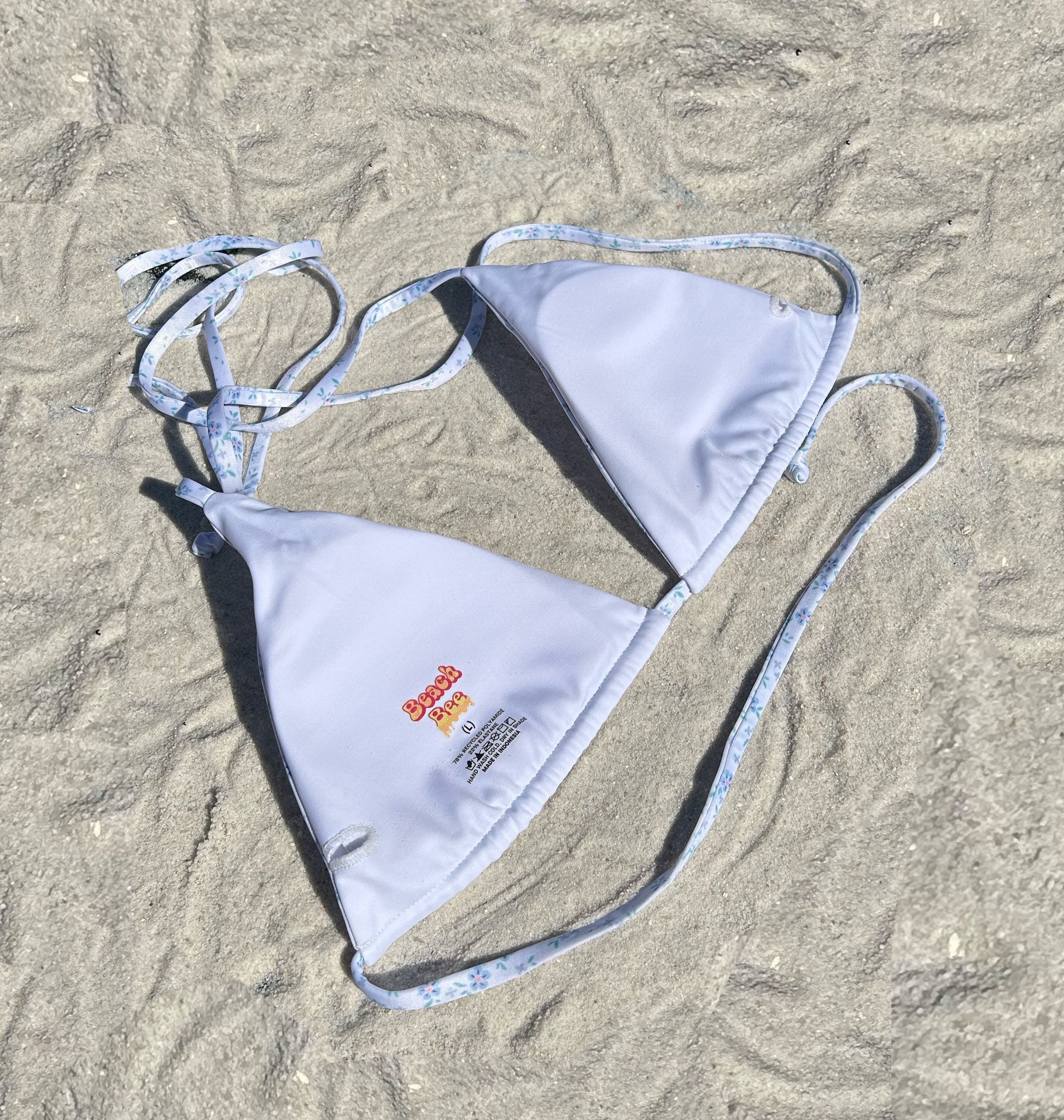White floral peonies triangle recycled sustainable adjustable string bikini top removable padding
