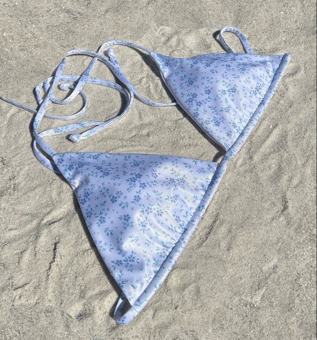 White floral peonies triangle recycled sustainable adjustable string bikini top removable padding