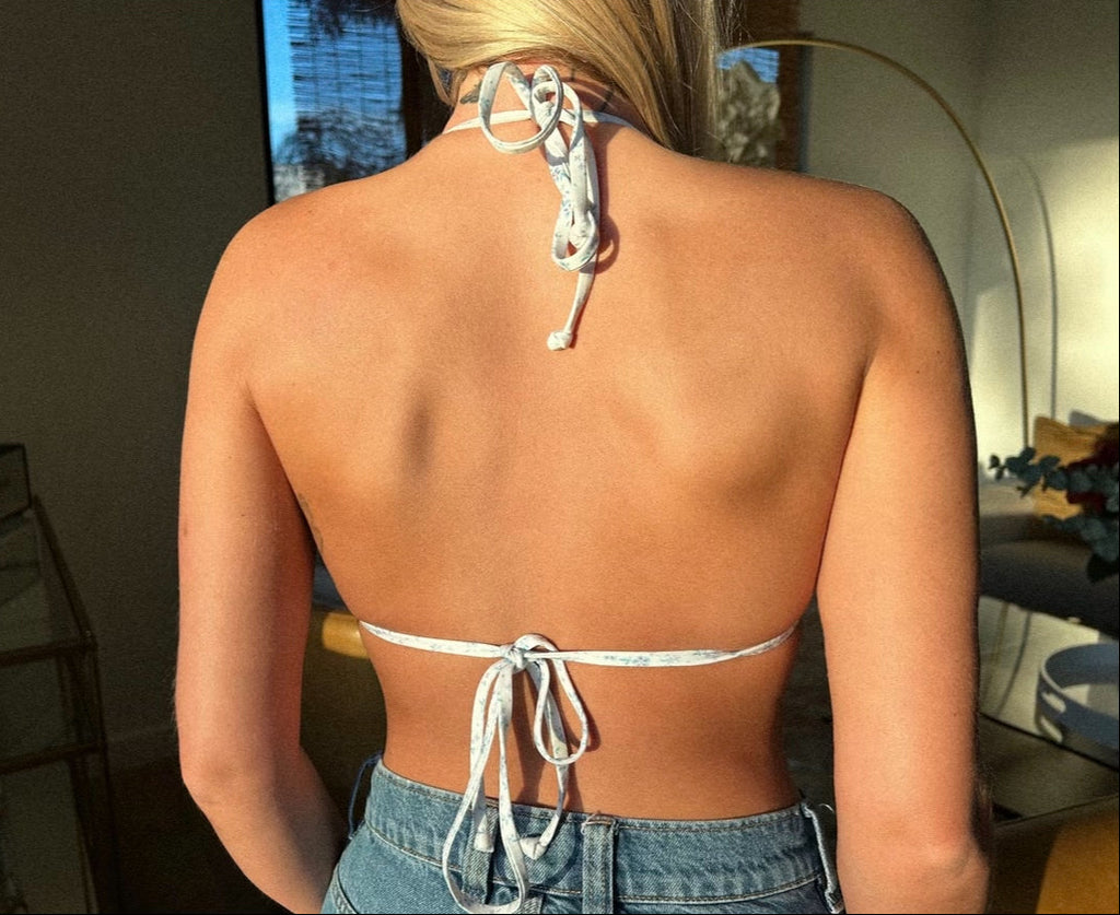 White floral peonies triangle recycled sustainable adjustable string bikini top removable padding