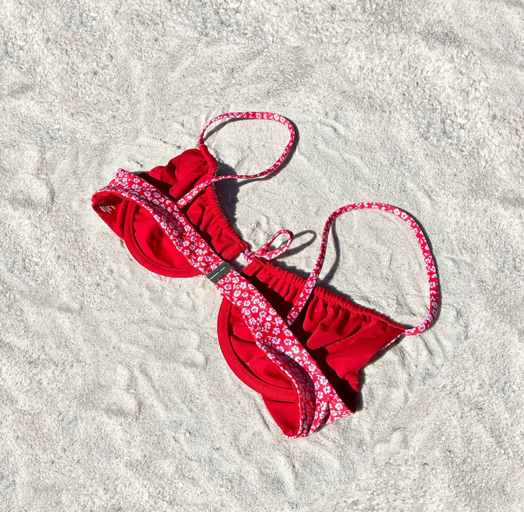 Red floral underwire half cup bra bikini top adjustable front string tie gold clasp