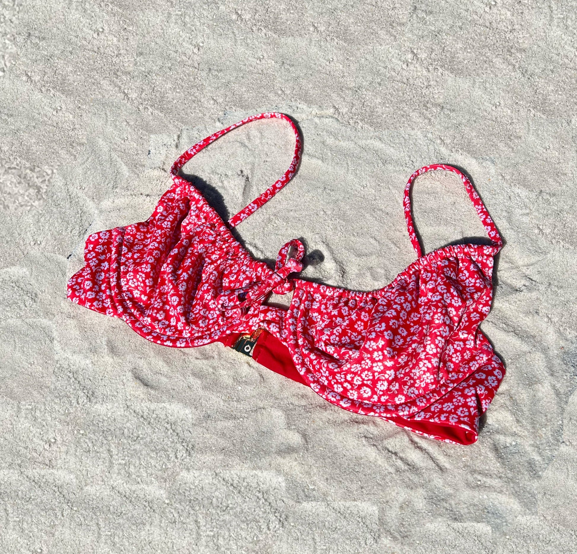 Red floral underwire half cup bra bikini top adjustable front string tie gold clasp