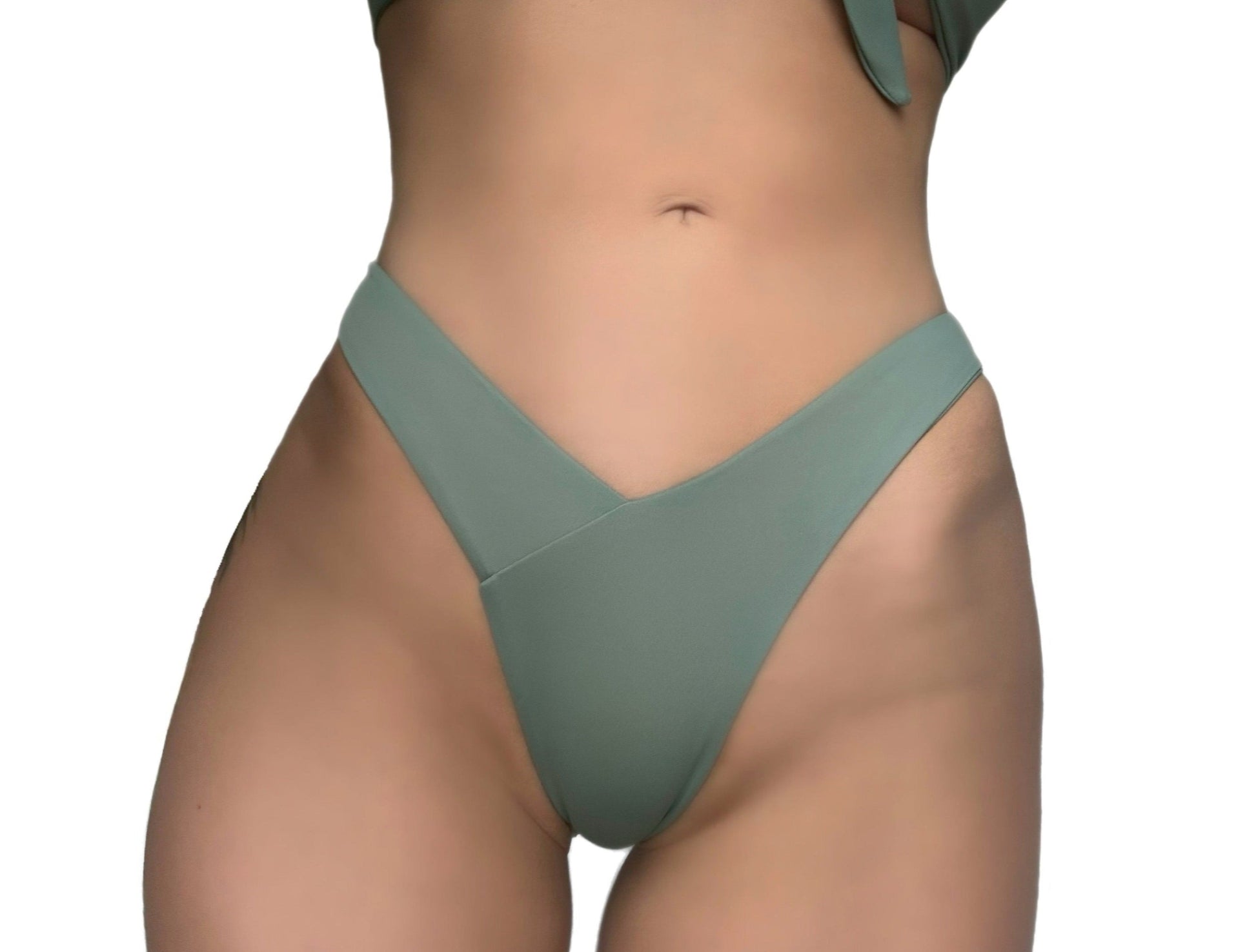 Green recycled sustainable bikini bottoms v waist high cut thong 