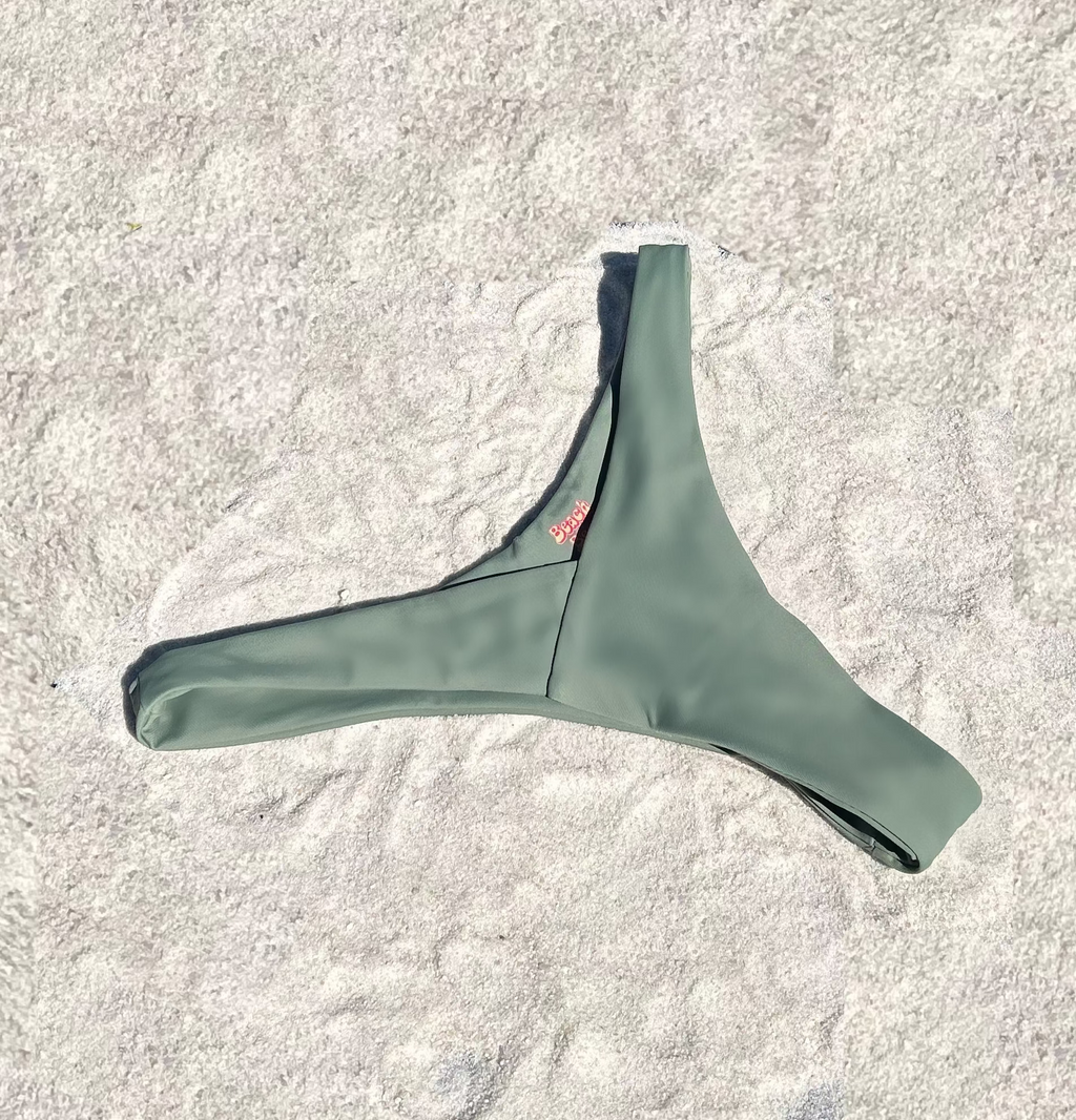 Green recycled sustainable bikini bottoms v waist high cut thong cheeky medium full coverage